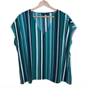 Halogen | Green Pink Black Blue White Stripe Cap Sleeve V-neck Blouse Size XL